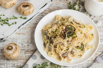Fetuchini alfredo with mushrooms and chicken ham in creamy cheese sauce