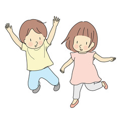 Vector illustration of two kids jumping together. Early childhood development, happy children day card, child playing, family, brother & sister, friends, friendship concept. Cartoon character drawing.