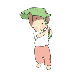 Vector illustration of little kid using banana leaf as umbrella. Child playing, early childhood development, education & learning, imagination concept. Cartoon character drawing.