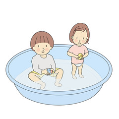 Vector illustration of brother and sister playing in inflatable swimming pool. Early childhood development activity, child playing, family, happy children day concept. Cartoon character drawing.