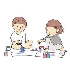 Vector illustration of two little kids, boy and girl, painting with watercolors. Early childhood development activity, education & learning, child playing, art, toy concept. Cartoon character drawing.