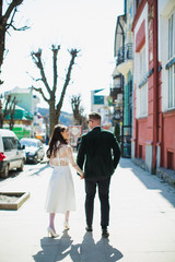 A side view of romantic young stylish newlyweds who are walking and holding their hands outdoors