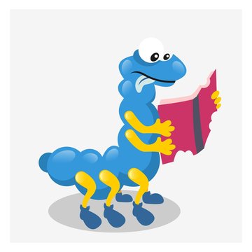 funny blue caterpillar reading book mascot cartoon character