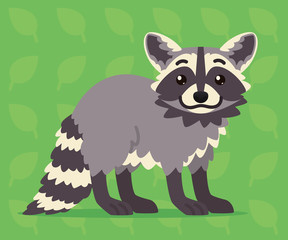 Fototapeta na wymiar Cute raccoon standing. Vector illustration of a happy coon with striped tail on green background. Emoji. Element for your design, printing, stickers, chat. Grey coon in a flat cartoon style.