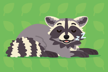 Cute raccoon sleeping. Vector illustration of a sleepy coon on green background. Emoji. Element for your design, printing, stickers, chat. Grey coon in a flat cartoon style.