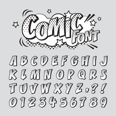 Comic retro font in halftone black & white colour. Alphabet & number in style of comics, pop art for title, headline, poster, comics, colouring book or banner design. Cartoon typography collection.