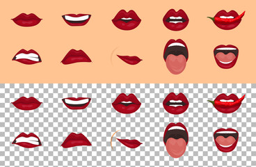 Cartoon icons set isolated. Cute mouth expressions facial gestures lips sadness rapture disappointment fear surprise joy smile cry despondency coquetry cute mouth. Isolated vector illustration