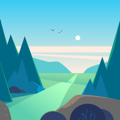 Vector flat summer landscape illustration with mountains, sun, fir trees, road, bush, meadows and blue clouded sky. Perfect for travel and camping tours posters, placards, flayers, leaflets and banner