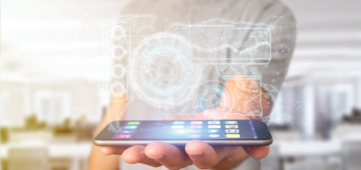 Man holding a Technology interface 3d rendering