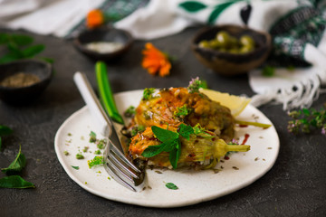Turkish  stuffed zucchini flowers.selective focus