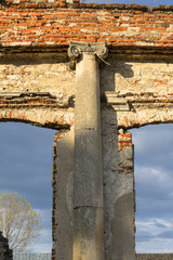 Ruins of 18th century classical palace, manor complex, situated on the Nida River near Jedrzejow, Sobkow, Poland