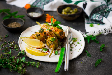 Turkish  stuffed zucchini flowers.selective focus