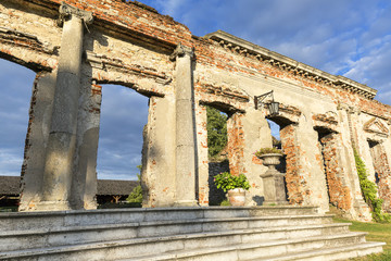 Ruins of 18th century classical palace, manor complex, situated on the Nida River near Jedrzejow, Sobkow, Poland