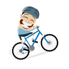 funny cartoon man is riding a mountain bike