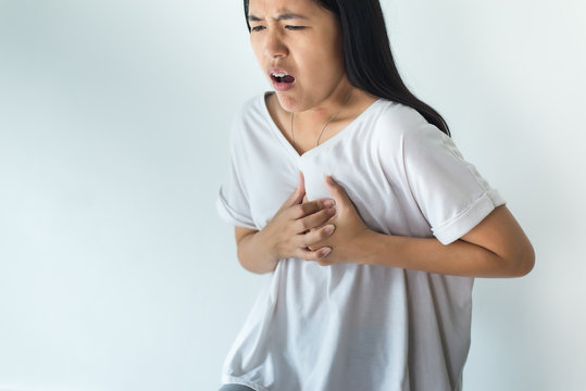 Asian woman having or symptomatic reflux acids,Gastroesophageal reflux disease,Because the esophageal sphincter that separates the esophagus and stomach dysfunction