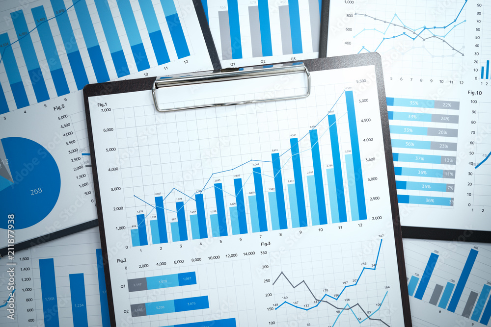 Poster Gathering and analyzing statistical data. Growth strategy planning. Many growth charts and graphs. Pile of business reports.
