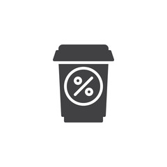 Soft drink sale vector icon. filled flat sign for mobile concept and web design. Take away cup with percentage sign simple solid icon. Symbol, logo illustration. Pixel perfect vector graphics