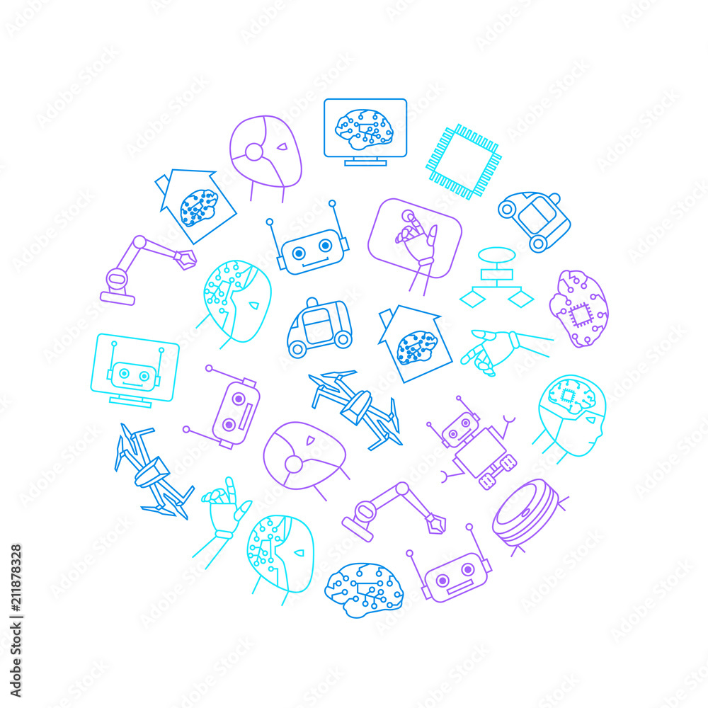 Sticker Artificial Intelligence Thin Line Round Design Template. Vector