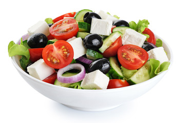 Salad with cheese and fresh vegetables isolated on white background. Greek salad.