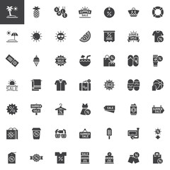 Summer sale vector icons set, modern solid symbol collection, filled style pictogram pack. Signs, logo illustration. Set includes icons as Island, Pineapple, Discount, Sun, Coupon, Shopping bag, Tags