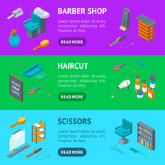 Barber Shop Banner Horizontal Set Isometric View. Vector