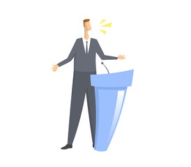 Speacker in front of microphone. Man giving speech behind the rostrum. Colorful flat vector illustration. Isolated on white background.