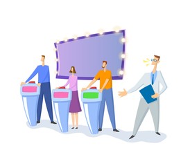 Quiz show TV-studio with host and contestants. Screen, stands and lights. Colorful flat vector illustration. Isolated on white background.