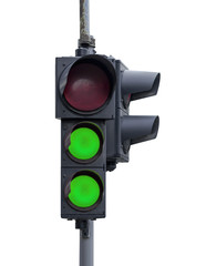 Two green semaphore light isolated on white background