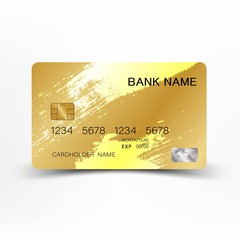 Luxurious credit card gold color on white background. Inspired by the bristles.