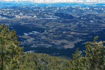 View of valley from mountain point with green pine tree in foreground