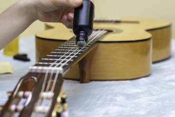 Maintenance of the strings of a guitar.