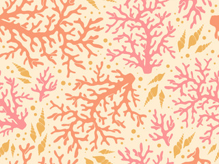 Fototapeta na wymiar Seamless underwater vector pattern with repeated corals and shells in coral red palette. Hand drawn Red Sea colorful print for textile, paper design, backgrounds. Aquatic sketchy ornament