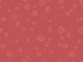 Seamless underwater vector pattern with repeated sea shells in deep red palette. Aquatic sketchy seashell ornament. Hand drawn Red Sea colorful print for textile, paper design, backgrounds.