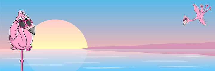 Fototapeta premium Cartoon Flamingo mit Sonnenbrille vor Sonnenuntergang 