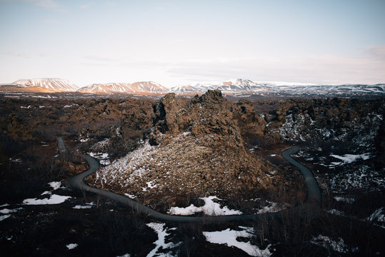 The Dimmuborgir area, with various volcanic caves and rock formations. Near Lake Myvatn, Northeast Iceland