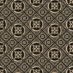 Seamless pattern oriental ornament. Black and golden textile print. Islamic vector design. Floral tiles.