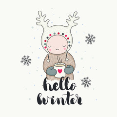 A cute smiling child in funny hat with a mug of tea, reindeer horns, snowflakes, hello winter handwritten lettering. Cartoon hand drawn illustration, isolated vector art.