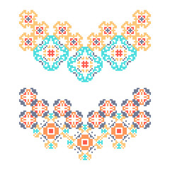 Set of 2 necklaces in american indian style. Embroidery dotted schemes. Pixel navajo neckline. Textile geo prints. Beading chevron design. Boho belt. Cross stitching ornament.