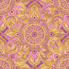 Tribal vintage ethnic seamless pattern with floral mandala. Pink and yellow oriental ornament, boho gypsy style. Vector background.