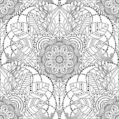 Tribal vintage ethnic seamless pattern with floral mandala. Black and white oriental ornament, boho gypsy style. Vector hand drawn background.