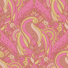 Boho ethnic Indian seamless pattern. Hand drawn abstract ornament with floral details. Vector background.