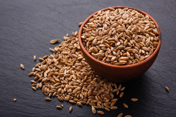 spelt seeds on a dark stone background