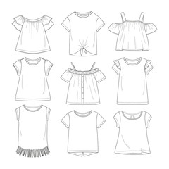 Set of 9 girl's t-shirt. Vector illustration. Summer clothes.
