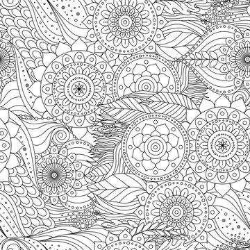 Tribal vintage floral ethnic seamless pattern with mandalas. Black and white oriental tiled ornament, boho design. Vector background.