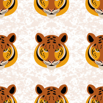 Tiger. Head, Grunge texture, white background. Seamless pattern