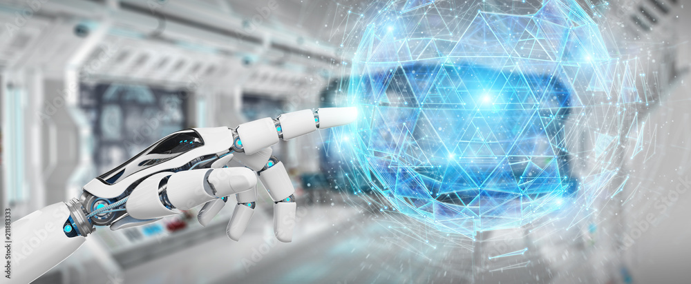 Fototapete White robot hand using digital triangle exploding sphere hologram 3D rendering