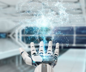 White humanoid hand using digital globe hud interface 3D rendering