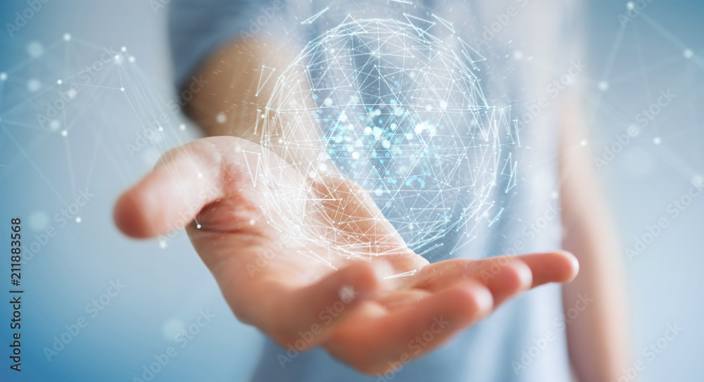 Poster businessman using digital triangle exploding sphere hologram 3d rendering