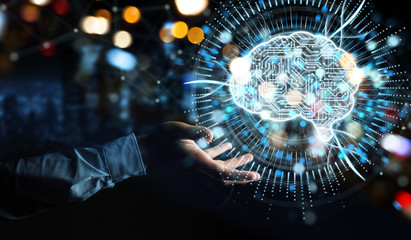 Businessman using digital artificial intelligence icon hologram 3D rendering