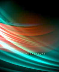 Neon glowing wave, magic energy and light motion background. Vector wallpaper template